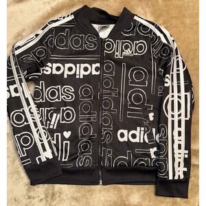 Adidas Jacket Girls Size L 14 Black White Full Zip Long Sleeve